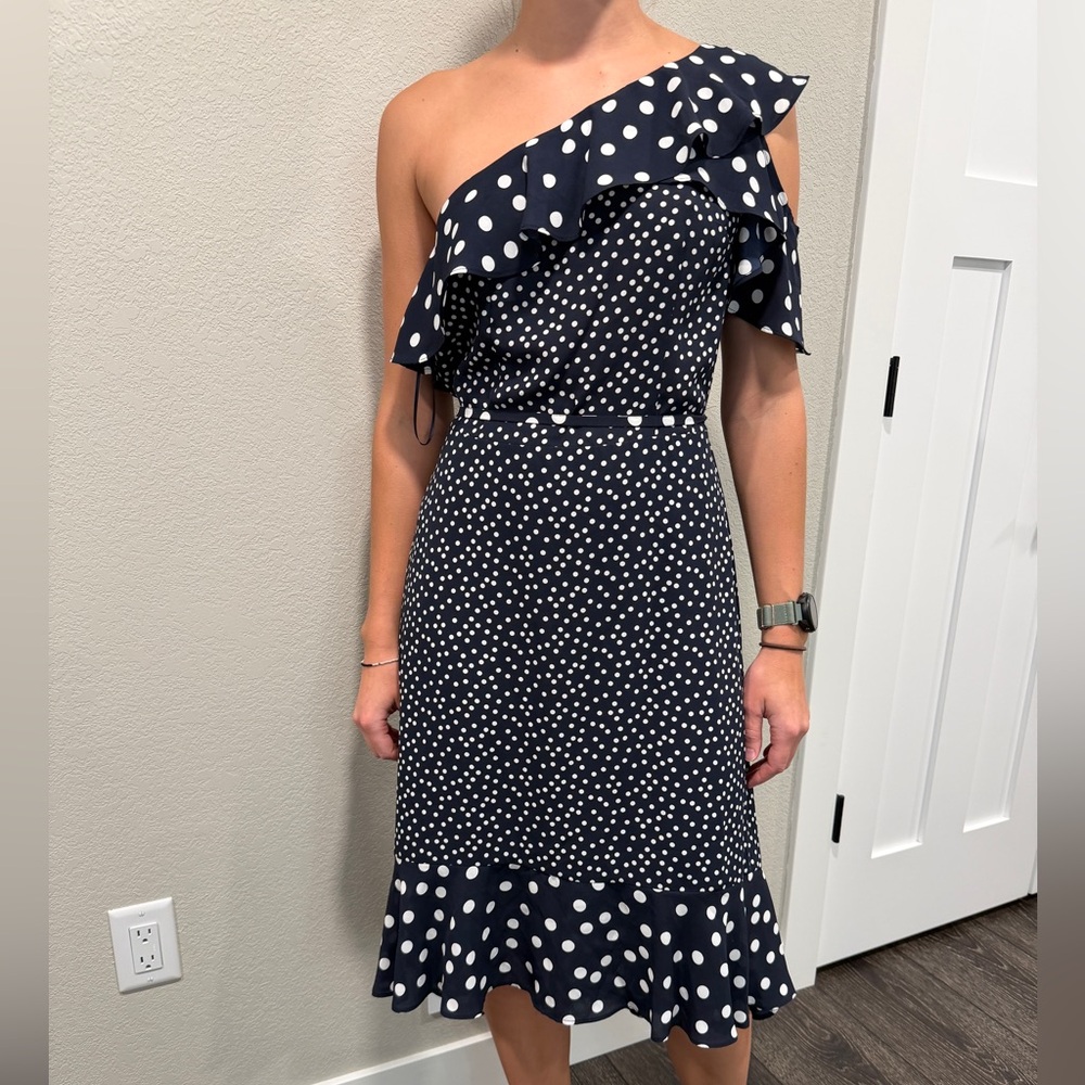 a new day Navy & White One-Shoulder Polka Dot Ruffle Dress